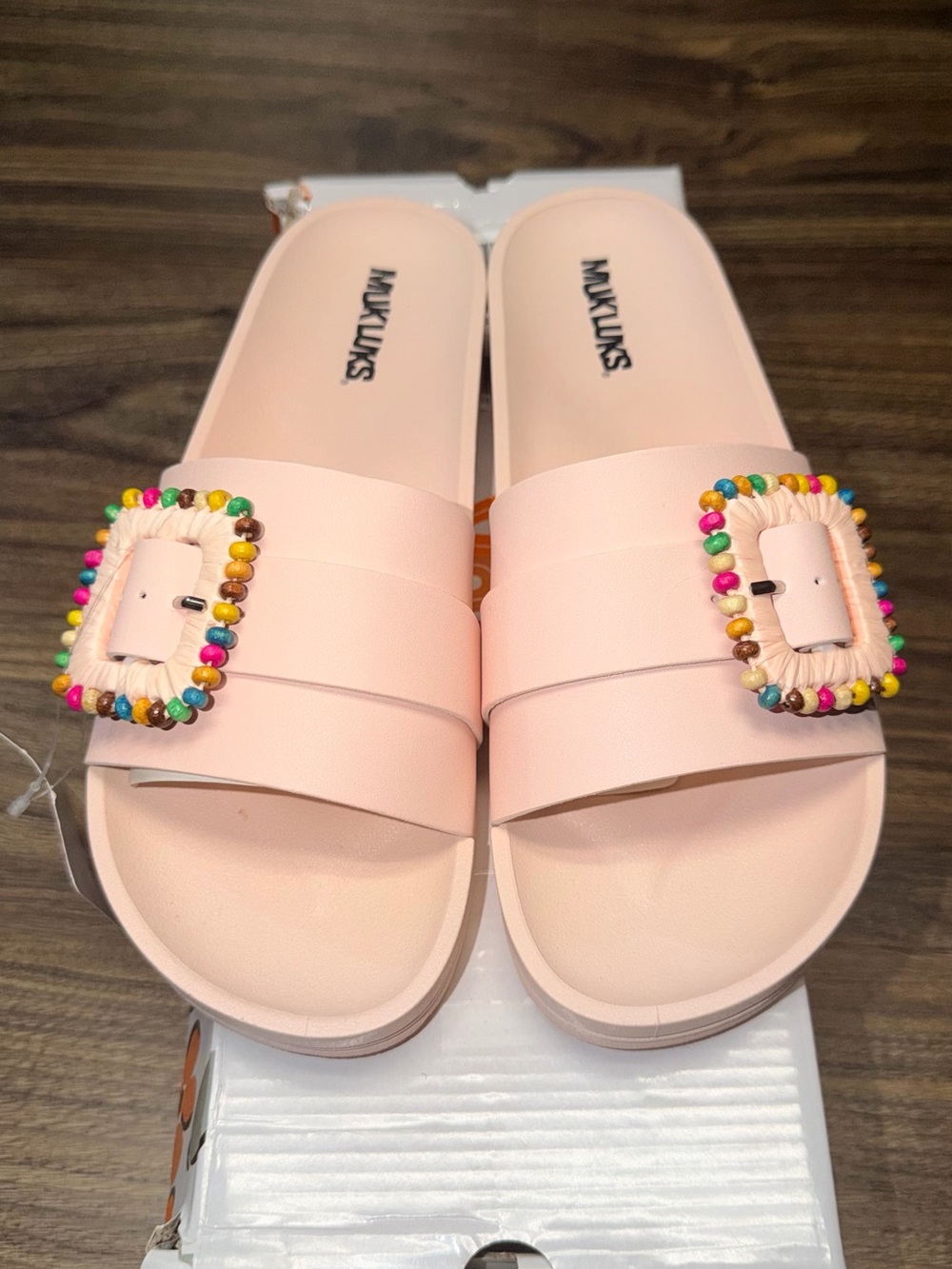 Muk Luks Light Pink Beaded Buckle Slide Sandals